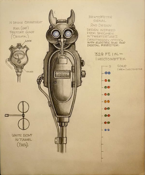 Hektometer Signal second design (blue lights) ca. 1970s Pencil and colored pencil on sketch paper 9 3/4 x 8 in. (RK 139)