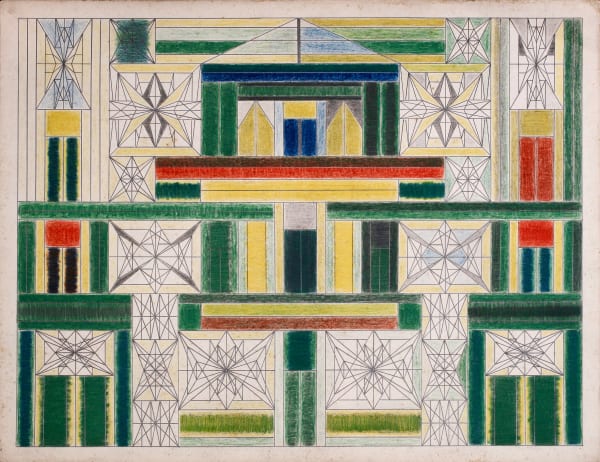 Geometric patterns with intersecting line shapes in green, yellow, black, red and white.