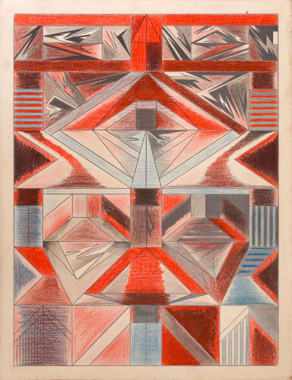 Geometric shapes in an abstract drawing with red, blue-grey and brown.