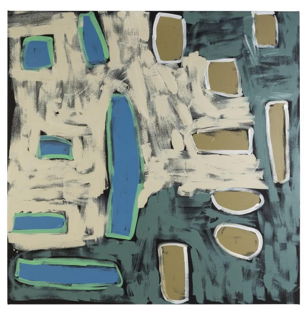 Abstract painting by Bob Gibson Tjungarrayi. Title: Patjantja. Year: 2018. Medium: Acrylic in canvas. Dimensions: 58 x 58 in. (147.3 x 147.3 cm)