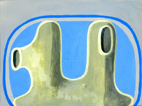 Artwork by Christine Hughes Titled: "Space," Made in 2020 Medium: Enamel on paper Dimensions: 6 x 8 in (15.2 x 20.3 cm. Palette: greens and blues Style: Abstract