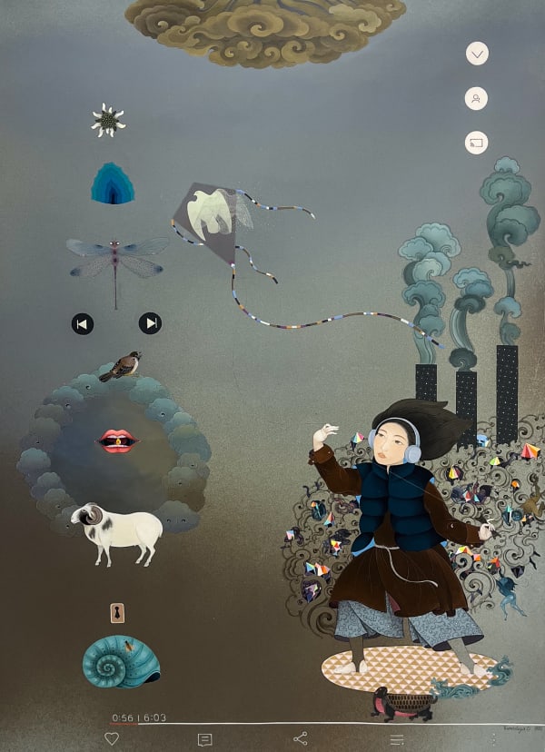 Uuriintuya Dagvasambuu (Mongolia) Woman in Ulaanbaatar: Dreams Carried by Wind, 2025 Acrylic on canvas 55 1/8 x 39 3/8 in 140 x 100 cm