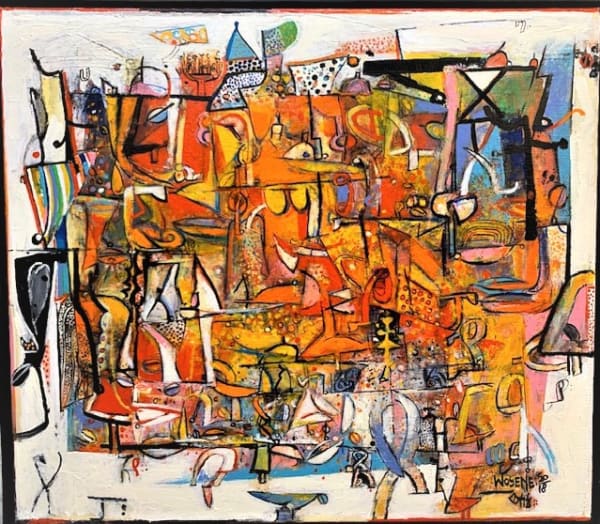 Wosene Worke Kosrof Bridge of Words III , 2018 Acrylic on linen 21x24 inches Signed and dated 2018