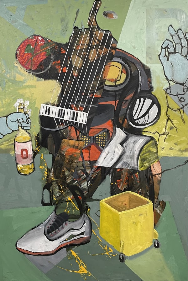 George Afedzi Hughes Potru Handed a Shaken Drink , 2022 Acrylic, oil and enamel on canvas 58.25x40 inches Signed and dated 2022