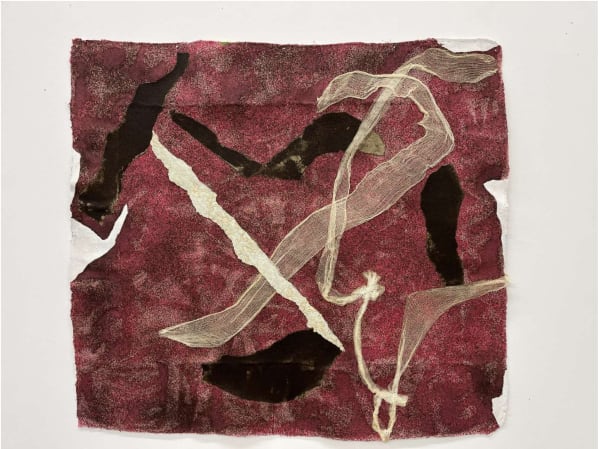 Francis Offman Untitled, 2025 acrylic, ink, paper, coffee grounds, 100% cotton gauze, Bolognese plaster on cotton 87.5 x 98.5 cm. 34 1/2 x 38 3/4 in.