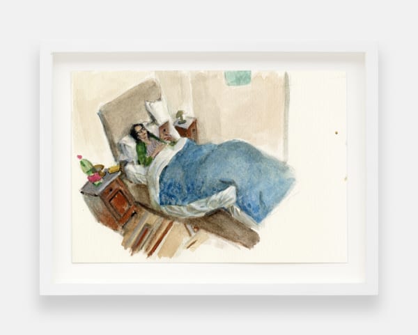 Gillian Wearing Self Portrait in Bed, Napoli, 2024 signed, dated verso watercolour on paper 13 x 18 cm. 5 x 7 in.