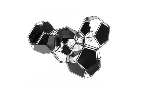 Tomás Saraceno K2-31b/M+B, 2018 Stainless steel, polyester rope, monofilament fishing line, metal wire, black panels 54 x 70 x 59 cm Unique work