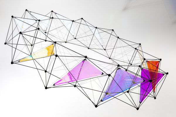 Tomás Saraceno Ring Bell Helios, 2019 Polyester rope, dacron, eyelets, iridescent foil, carbon fibre, nylon 50 x 280 x 280 cm Unique work