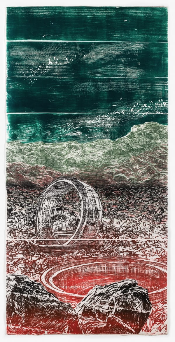 Orit Hofshi Cistern, 2022 Hand Printed Woodcut, Rubbing and Color Pencil Drawing on Handmade Kozo & Abaca Paper 81 1/8" x 40 1/4" (206 x 102 cm) High-Resolution Image
