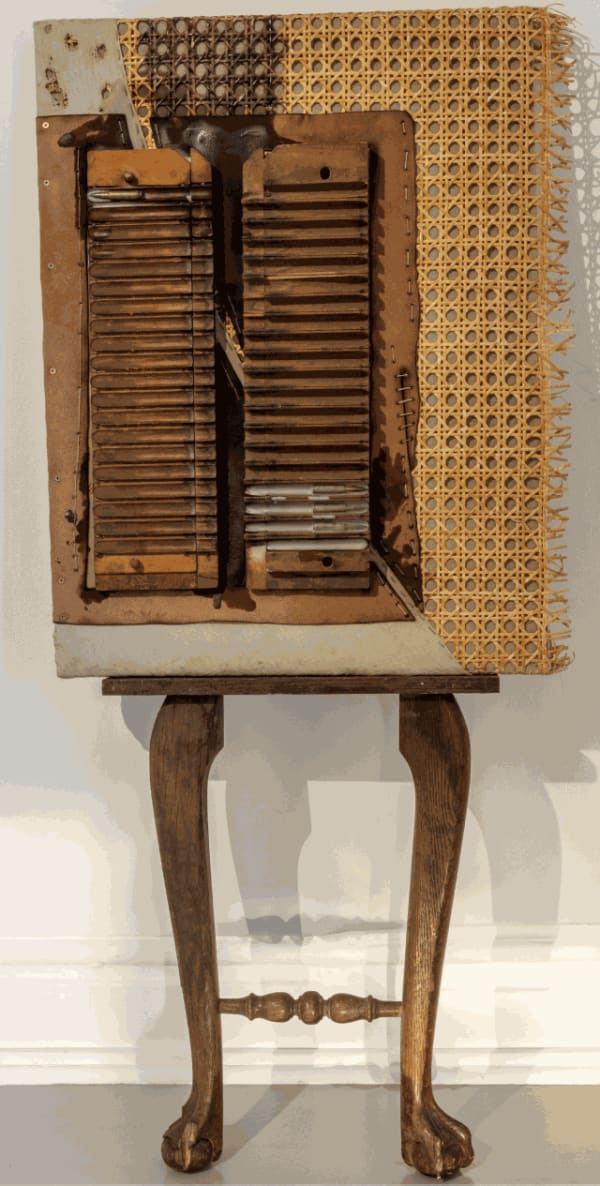 Justin Emmanuel Dumas Animus (Temple/Tempered), 2021 Wicker, Linen, Cigar Drying Rack, Furniture Remnant, Wood, Encaustic Medium, Stitched Hemp Twine, Empty Bullets © Justin Emmanuel Dumas. Courtesy of the artist and Yossi Milo, New York. High-Resolution Image