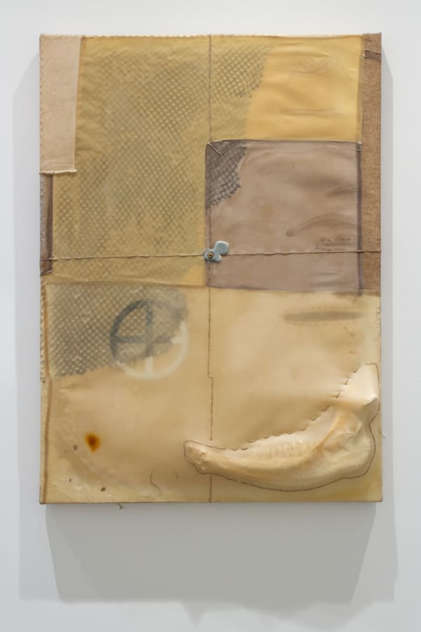 Justin Emmanuel Dumas Sheer Strata Compress, 2023 Encaustic on Sewn Silk, Canvas, and Linen, Stitched Hemp Twine, Indigo Dye, Buffalo Jaw Bone, Copper Nails, Friction Transfer, Oil Paint, Gesso, Rabbit Skin Glue, and Military Netting on Canvas © Justin Emmanuel Dumas. Courtesy of the artist and Yossi Milo, New York. High-Resolution Image