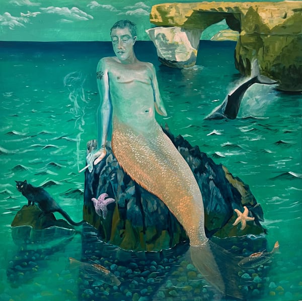Linus Borgo (American, b. 1995)  It’s The End Of The World As We Know It, And I Feel Fine (Self portrait with Elsina at the Azure Window), 2022  Oil on Canvas  36" x 36" (91.5 x 91.5 cm)  (LNB.23386)