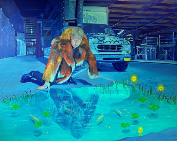Linus Borgo (American, b. 1995)  Narcissus at the Halsey Street Oasis, 2023  Oil on Canvas  82" x 103" (208.5 x 261.5 cm)  (LNB.23761)