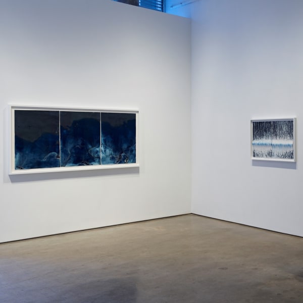 Installation View | Meghann Riepenhoff: Littoral Drift  Featured Artworks:  Meghann Riepenhoff(American, b. 1979)  Littoral Drift #473 (Triptych, Point White Beach, Bainbridge Island, WA 05.17.16, Five Waves at Apex of Low Tide), 2016  Three Dynamic Cyanotypes  Approximately 36" x 24" (48.5 x 61 cm) each element  Framed 40 11/16" x 77 3/8" (103.5 x 196.5 cm)  Signed Verso in Pencil  Unique  (MRie.17289)  Meghann Riepenhoff(American, b. 1979)  Ecotone #53 (Bainbridge Island, WA 04.26.16, Draped with Cloudburst), 2016  Two Dynamic Cyanotypes  Approximately 24" x 19" x 1/2" (61 x 48.5 x 2.5 cm) each element  Framed: 27 3/16" x 41 1/2" x 1 3/4" (69 x 105.5 x 4.5 cm)  Signed Verso in Pencil  Unique  (MRie.17276)