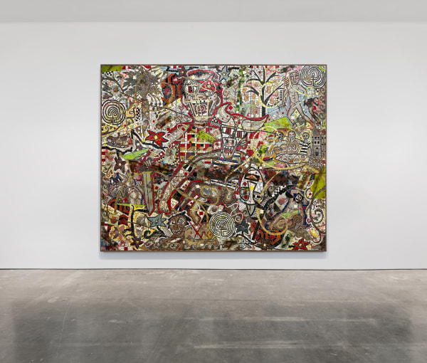 Cameron Welch (American, b. 1990)  The Waltz, 2024  Marble, Glass, Ceramic, Stone, Spray Enamel, Oil, and Acrylic on Panel (3 panels)  Dimensions, each panel: 120 3/4" x 48 1/2" (306.5 x 123 cm)  Overall, framed: 120 3/4" x 145 3/8" (306.5 x 369 cm)