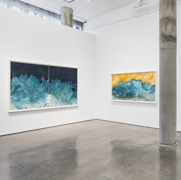 Installation View | Meghann Riepenhoff: Ice  Featured Artworks [From Left]: Meghann Riepenhoff (American, b. 1979) Ice #31 (32-40°F, Ephemeral Stream and Waterfall, WA 01.15.20), 2020  Two Dynamic Cyanotypes  Each element: approximately 60” x 42” (152.5 x 106.5 cm)  Framed Dimensions: 63 1/2" x 88 1/4" (161.5 x 224 cm)  Unique  (MRie.22927)  Meghann Riepenhoff (American, b. 1979)  Ice #125 (28-37℉, Big Creek, Ashford, WA 03.08-10.20), 2020  Dynamic Cyanotype  Approximately 42" x 88" (107 x 223.5 cm)  Framed: 46” x 92 5/16” (117 x 234.5 cm)  Unique  (MRie.23275)