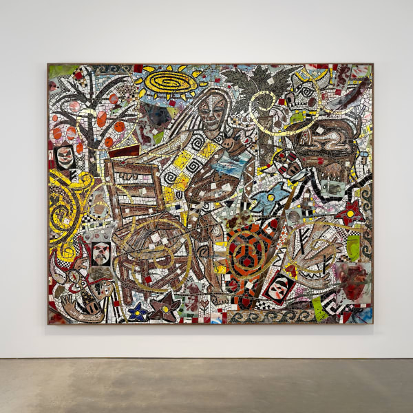 Cameron Welch (American, b. 1990)  The Genesis, 2024  Marble, Glass, Ceramic, Stone, Spray Enamel, Oil, and Acrylic on Panel (2 panels)  Dimensions, each panel: 97 7/8" x 60 1/2" (248.5 x 154 cm)  Overall, framed: 97 7/8" x 121" (248.5 x 307.5 cm)