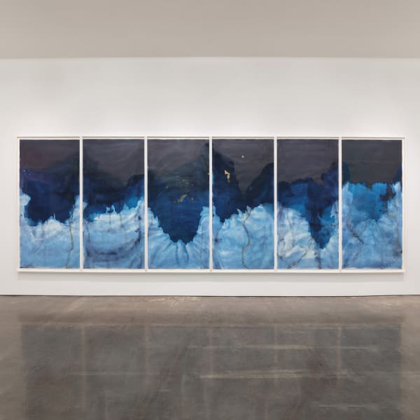 Installation View | Meghann Riepenhoff: Ecotone  Featured Artwork:Meghann Riepenhoff (American, b. 1979)  Littoral Drift #1170 (Polyptych, Great Salt Lake, UT 08.25.18, Lapping Waves at Shoreline of Antelope Island), 2018  Six Dynamic Cyanotypes  Approximately 88” x 42” (223.5 x 106.5 cm) each element Framed Overall: 92 1/8” x 264 1/2” (234 x 672 cm)  Unique  (MRie.20632)
