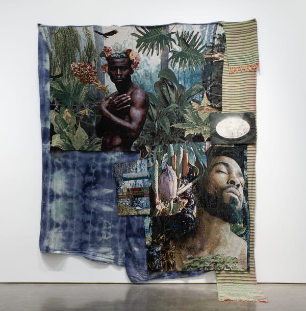 Richard Jonathan Nelson (American, b. 1987)  even my deeds are suspect before my eyes, 2022  Jacquard Woven Cotton Digital Collage, Hand Woven and Hand Dyed Cotton, Sewn Appliqué  Installed: 119” x 98” (302 x 249 cm)  Dimensions Variable  (RJN.23570)