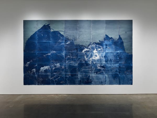 Installation View | Meghann Riepenhoff: Littoral Drift  Featured Artwork:  Meghann Riepenhoff (American, b. 1979)  Littoral Drift Nearshore #464 (Bainbridge Island, WA 12.07.16, Seven Simulated Waves, Freezing and Melting), 2016  Forty-Eight Dynamic Cyanotypes  Approximately 19" x 24" (48.5 x 61 cm) each element  Installed: 113 1/4 x 190 3/8" (287.5 x 485 cm)  Unique  (MRie.17284)