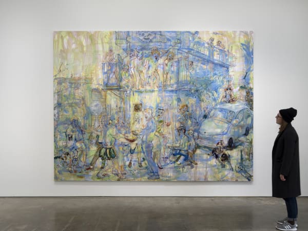 Installation View | Angela Dufresne: Long and Short Shots  Featured Artwork: Angela Dufresne (American, b. 1969)  Golden Showers of Love Painting, 2019  Oil on canvas  108 x 144 in.  274.3 x 365.8 cm  (ADuf.21778)