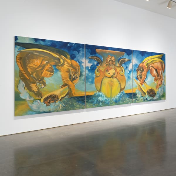 Installation View | Asif Hoque: Before Sunrise  Featured Artwork: Asif Hoque (Bangladeshi-American, b. 1991)  Birth of the Sun (I), (II), and (III) 2022  Oil on Linen  80” x 72” (203 x 183 cm)  (ATH.23065)