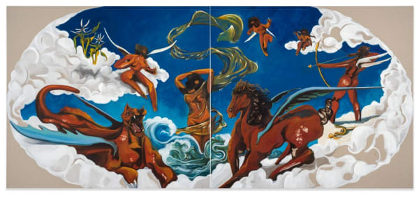 Asif Hoque (Bangladeshi-American, b. 1991) Protect Her At All Cost, 2021 Oil on Linen Overall: 72" x 160" (183 x 406 cm) 72" x 80" (183 x 203 cm), Each