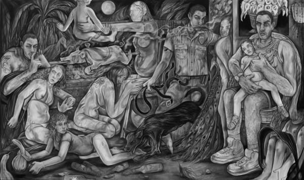 Alina Perez (American, b. 1995) Family Romance, 2024 Charcoal and Pastel on Paper 72" x 120" (182.9 x 304.8 cm)