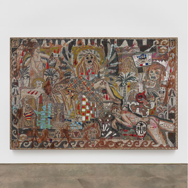 Cameron Welch (American, b. 1990) Fugue State, 2021 Marble, Glass, Ceramic, Stone, Spray Enamel, Oil, and Acrylic on Panel (3 panels) Each panel: 97" x 48 1/2" (246.5 x 123 cm) Overall: 96” x 144” (244 x 366 cm) (CamW.23034)