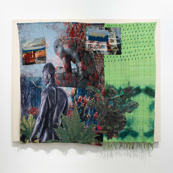 Richard Jonathan Nelson (American, b. 1987) come over alone glittering cloud, 2022 Jacquard Woven Cotton Digital Collage, Hand Woven and Hand Dyed Cotton, Embroidered Jewel Beetle Wings, Sewn Appliqué 89” x 99” (226 x 251.5 cm) Unique (RJN.23556)