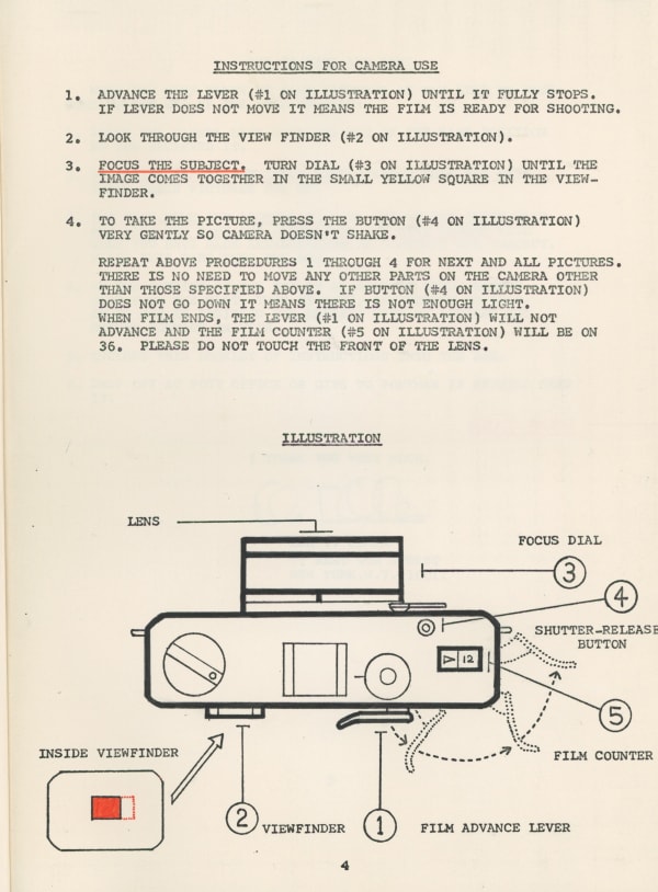 "Instructions for Camera Use" - typed text, 1974 © Ken Ohara