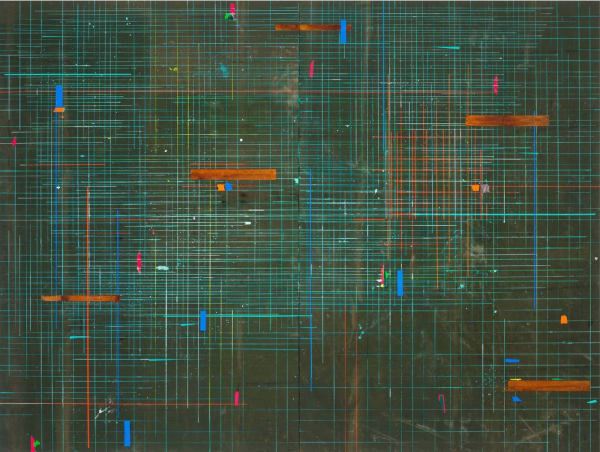 Sem título, 2020. Acrílica, oxidação de emulsões cúprica e ferrosa sobre lona usada de caminhão 205 x 270 cm (2 partes de 135 x 205 )