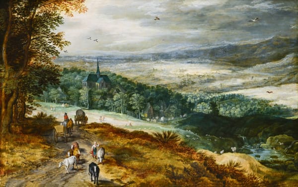 Joos de Momper (Antwerp 1564 - 1635) , A hilly Landscape with Travellers; a Village beyond