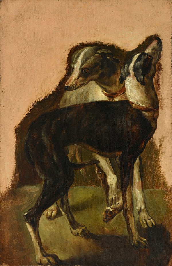 Jan Fijt (Antwerp 1611 - 1661) A Study of Two hunting Dogs oil on canvas, laid down on cardboard 32 x 20,5 cm