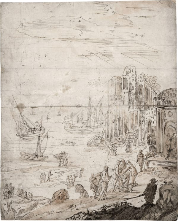 Joos de Momper II (Antwerp 1564 - 1635) (circle) A View of the Antwerp Harbour, ca. 1600 pen and ink, brush and washes on laid paper 392 x 320 mm