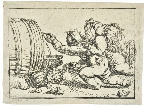 Cornelis Schut (Antwerp 1597 - 1655) Two Putti drinking from a Wine Barrel etching on laid paper 75 x 102 mm