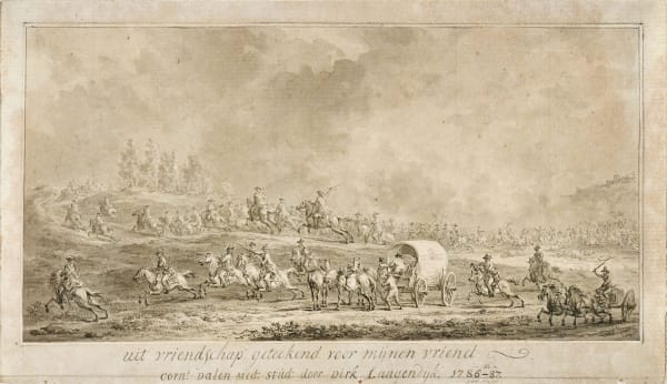 Dirk Langendijk (Rotterdam 1748 - 1805) A Cavalry Charge pen and ink, brush and washes on laid paper 106 x 184 mm signed, dated and inscribed 'door Dirk Langendijk in oude jaer nacht 1786-87 uit vriendschap geteekend voor mijnen vriend corn:[elis] dalen Med:[isch] stud:[ent]'