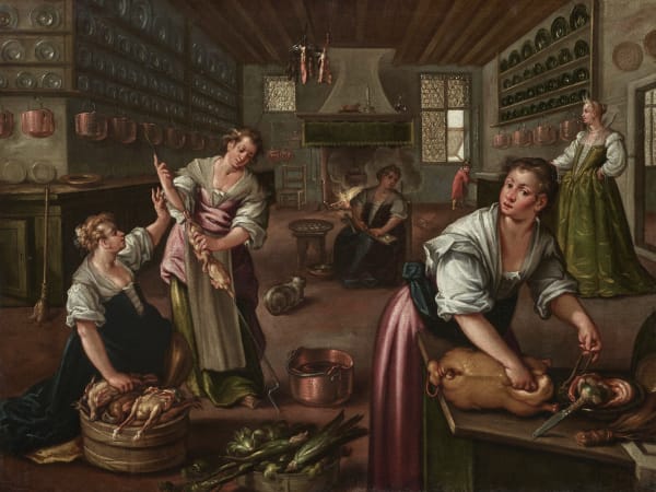 Dirck de Vries (Frisia ca. 1554 - 1612 Venice) A Kitchen Interior oil on unlined canvas 95 x 125 cm