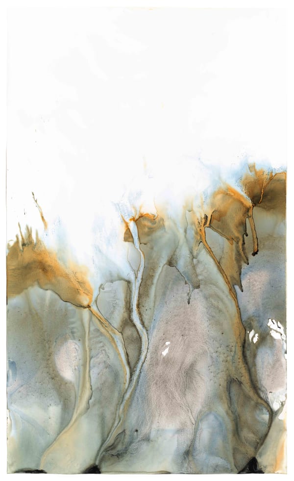 Meghann Riepenhoff Day 491.3 Waters of the Americas: EPA #WA3890090076 (Downriver Residue from the Hanford Site, Iris + Mushroom Ink, Columbia River, WA), 2025 Unique Dynamic Cyanotype 68 x 42 inches, framed
