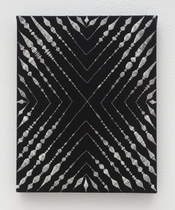 Angelo Filomeno Mantra (Black X), 2019 Metallic thread on cotton 10 x 8 inches