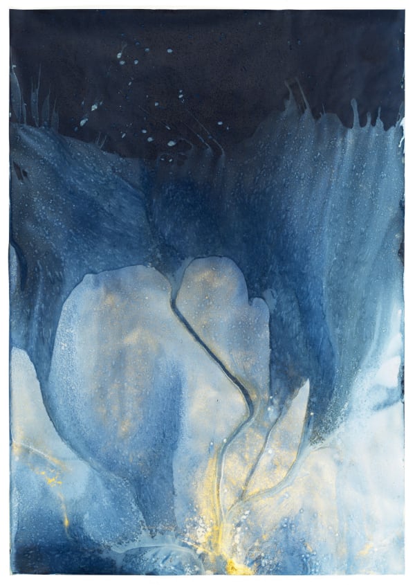 Meghann Riepenhoff Day 424.5: Waters of the Americas: EPA #IDN001002876 (Residual and Current Triumph Silver Mine Contamination, Freezing, Rushing Water, Big Wood River, Idaho), 2025 Unique Dynamic Cyanotype 64 x 46 inches, framed