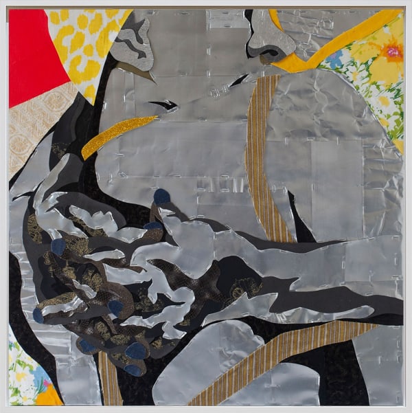 Stuart Robertson Untitled (Homegoing), 2022 Aluminum, textiles, paper, insulation foam, bubble wrap, glitter foam and acrylic on wood 25.5 x 25.5 inches, framed