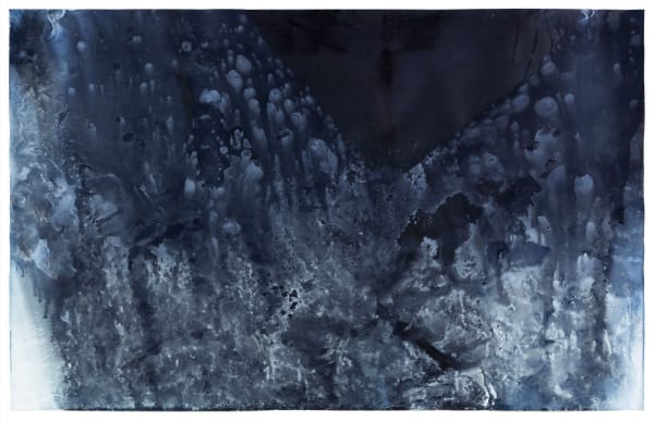 Meghann Riepenhoff Day 425.2: Waters of the Americas: EPA #IDN001002876 (Residual and Current Triumph Silver Mine Contamination, Big Wood River, Idaho), 2025 Unique Dynamic Cyanotype 46 x 70 inches, framed