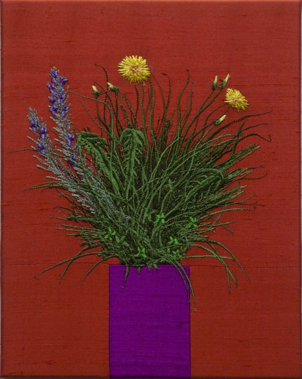 Angelo Filomeno A Vase of Turf with Dandelion and Rosemary, 2021 Embroidery on silk shantung 10 x 8 inches