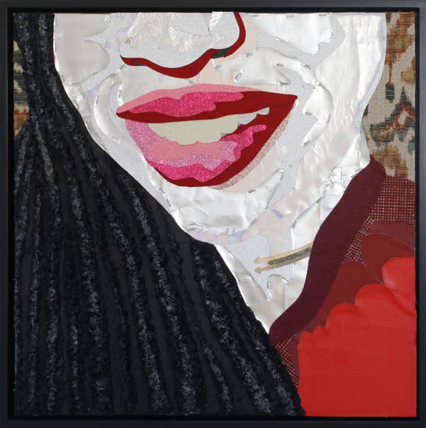 Stuart Robertson Eva Ready, Keida C., 2024 Aluminum, textiles, craft paper, acrylic, and sawdust on wood 25 x 25 inches, framed