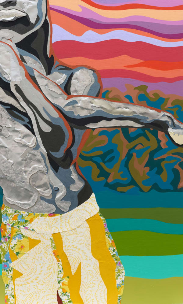 Stuart Robertson Son of the Sun's Temper, 2024 Aluminum, acrylic, enamel, textile, and paper on wood 61.75 x 37.75 inches, framed