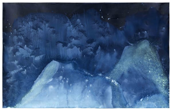 Meghann Riepenhoff Day 421.5 Waters of the Americas: EPA #IDN001002876 (Residual and Current Triumph Silver Mine Contamination, Freezing, Rushing Water, Mica, Mushroom Ink, Big Wood River, Idaho), 2025 Unique Dynamic Cyanotype 46 x 70 inches, framed