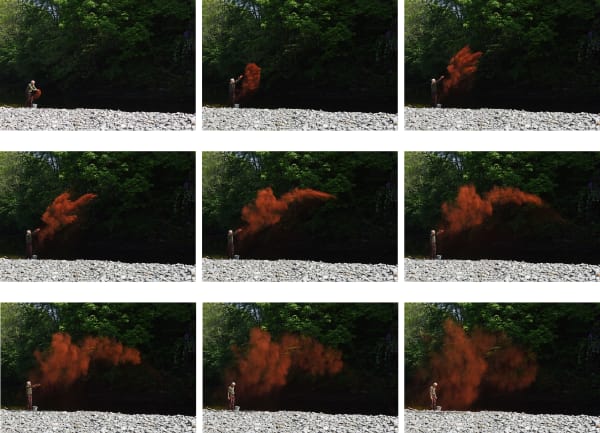 Andy Goldsworthy Red river stone. Crushed into dust. Thrown. Dumfriesshire, Scotland. 30 May 2016, 2016 9 Unique Archival Inkjet Prints Frame, each: 18 x 27 inches Overall, as shown: 62 x 84 inches