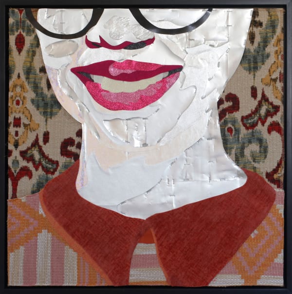 Stuart Robertson Bigga Boss, Jodi B., 2024 Aluminum, textiles, and craft paper on wood 25 x 25 inches, framed