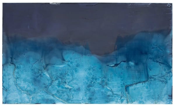 Meghann Riepenhoff Ice #326 (27-47°F, Confluence of Schel Chelb Ephemeral Stream and Puget Sound, WA 02.25.22), 2022 Unique Dynamic Cyanotype 47 x 75 inches, framed